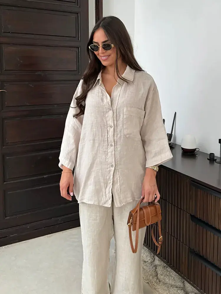Thumbnail: Frauen Vintage solide lose Hosen Anzug Revers einreihige Langarmhemd weites Bei