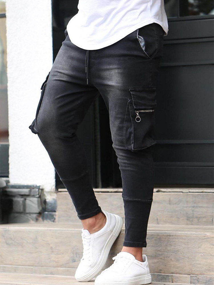 Thumbnail: New Men's Slim Fit Stretch Jeans Casual Fashion Multi Pocket Cargo Denim Pants 