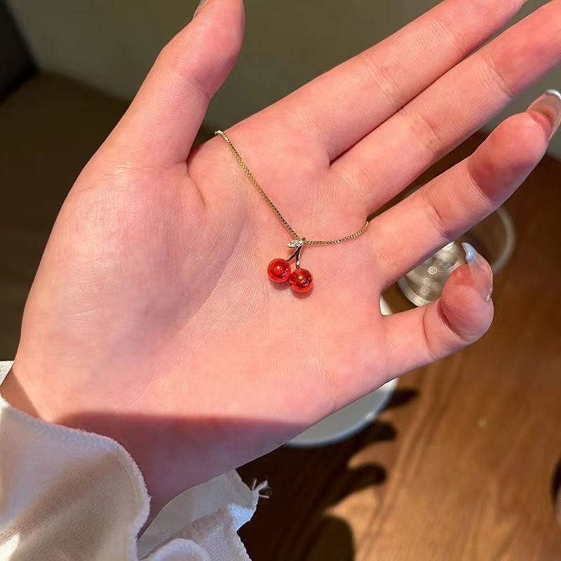 Miniaturbild: Red Cherry Pendant Necklace Stud Earrings Set Women's Fashion Fruit Necklace Ea