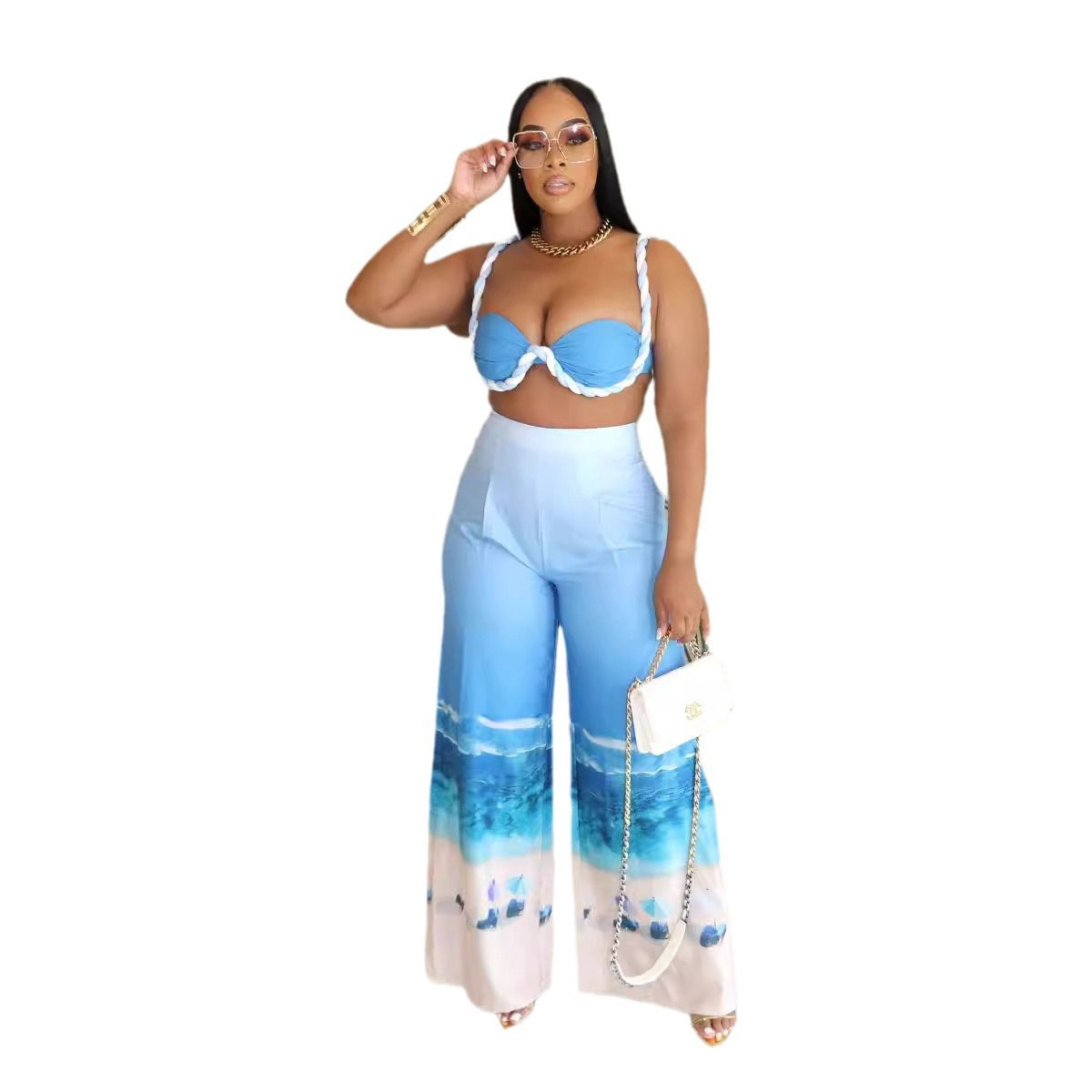Cm. yaya Sommer Damen Set Strand druck ärmellose träger lose Tops weites Bein H