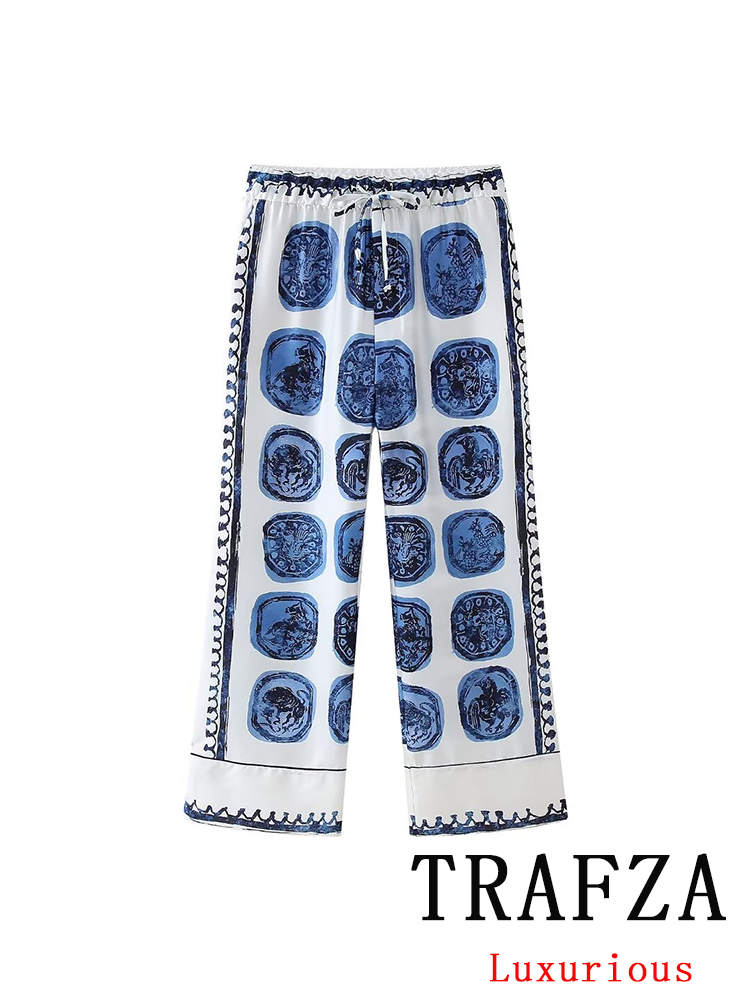 Thumbnail: Trafza Vintage Casual Print Frauen Anzug Einreiher V-Ausschnitt Bluse Schnürung