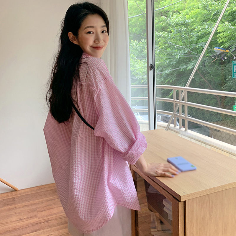 Thumbnail: Women Long Sleeve Chic Blouses 2023 New Fashion Plaid Shirt Solid Simple Oversi