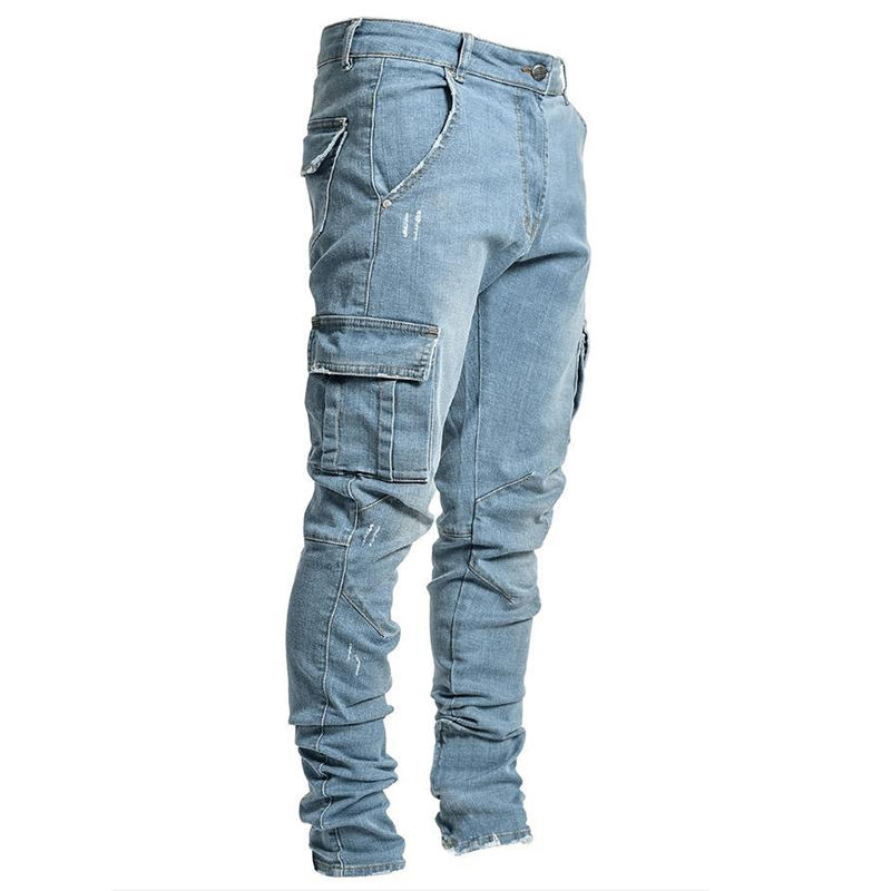 Thumbnail: New Men's Slim Fit Stretch Jeans Casual Fashion Multi Pocket Cargo Denim Pants 