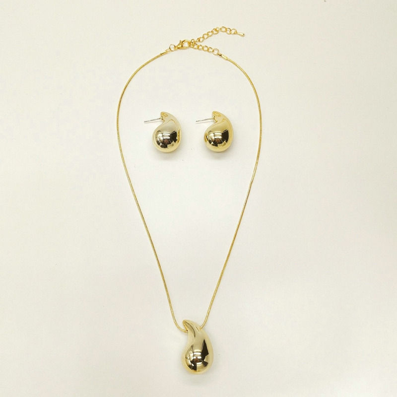 Miniaturbild: Gold Color Water Drop Glossy Pendant Necklace Earrings Set Fashion Simple Desig