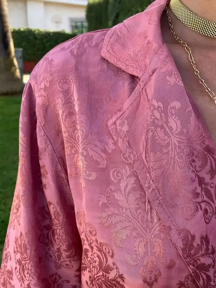 Thumbnail: Eleganter Druck helle Seide Revers Shirt Set für Frauen Mode Langarm Mantel Fre