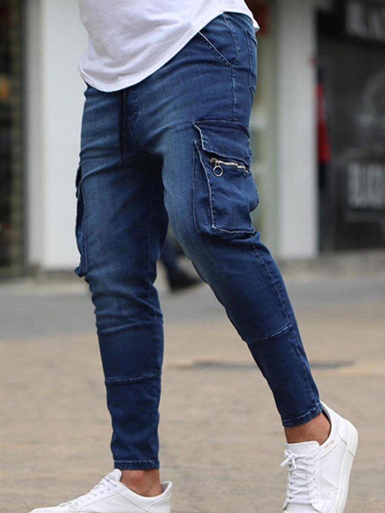 Thumbnail: New Men's Slim Fit Stretch Jeans Casual Fashion Multi Pocket Cargo Denim Pants 