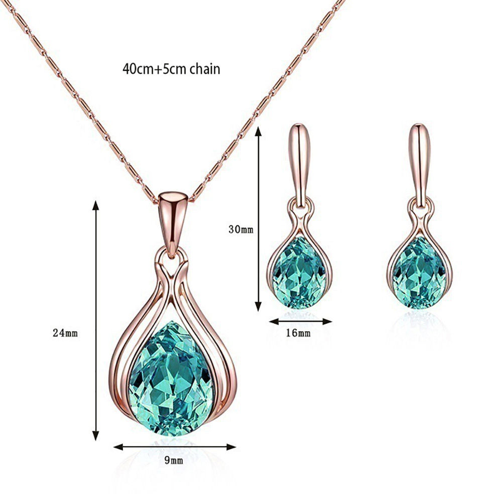 Crystal Rose Gold Color Water Drop Necklace Hoop Teardrop Earrings Jewelry Set 