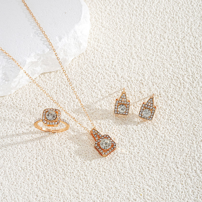 Miniaturbild: 3Pcs/set Luxury Fashion Temperament Square Zircon Earrings Necklace Ring For Wo