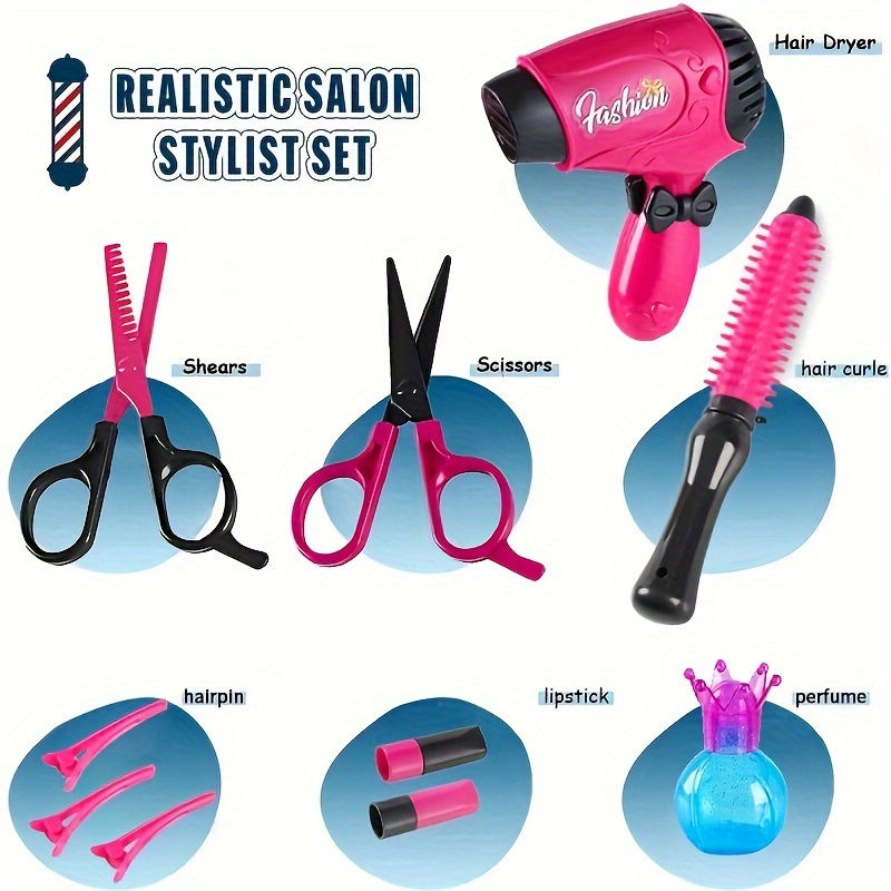 Thumbnail: Girls Beauty Salon Set Pretend Play Stylist Hair Cutting Kit Hairdresser Toys W