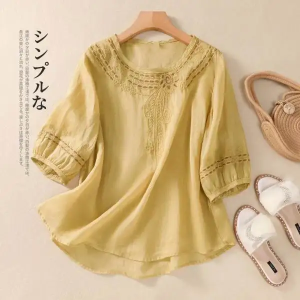 Thumbnail: 2024 Spring Summer New Loose-fit Artistic Vintage Cotton Linen Embroidery Shirt