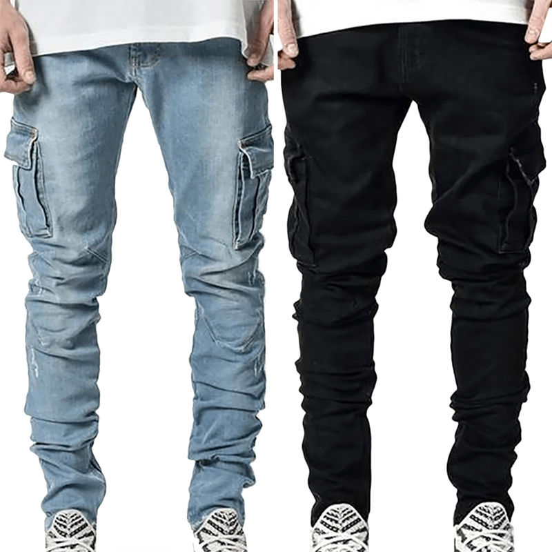 Thumbnail: Jeans Men Pants Wash Solid Color Multi Pockets Denim Mid Waist Cargo Jeans Plus