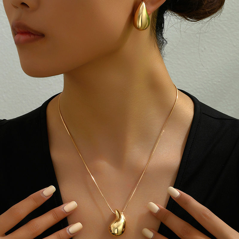 Miniaturbild: Water Drop Shape Jewelry Set 2 Pcs Necklace Stud Earrings Gold Silver Color Zin
