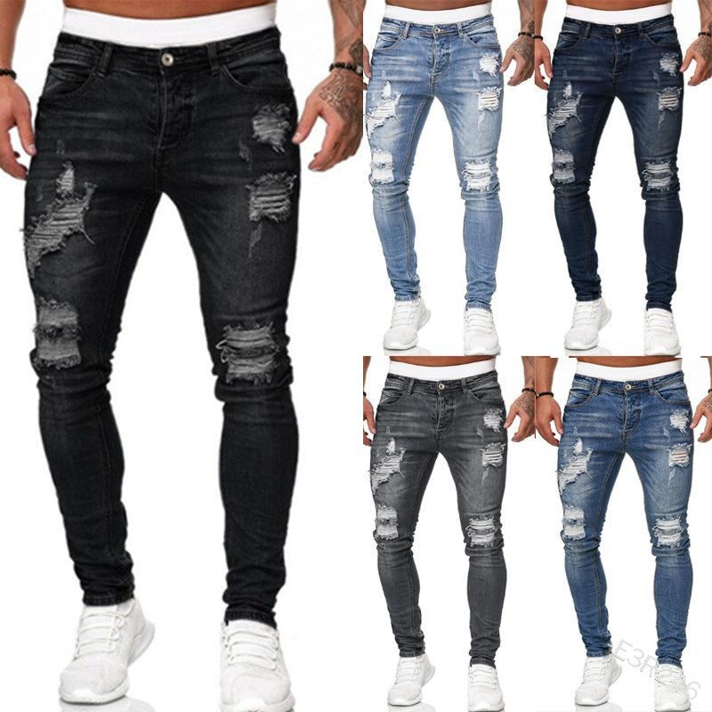 Thumbnail: Fashion Street Style Ripped Skinny Jeans Men Vintage wash Solid Denim Trouser M