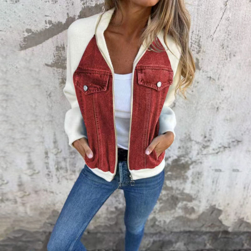 Thumbnail: Autumn Casual Patchwork Denim Jacket Women Fashion Turn-down Collar Zipper Card