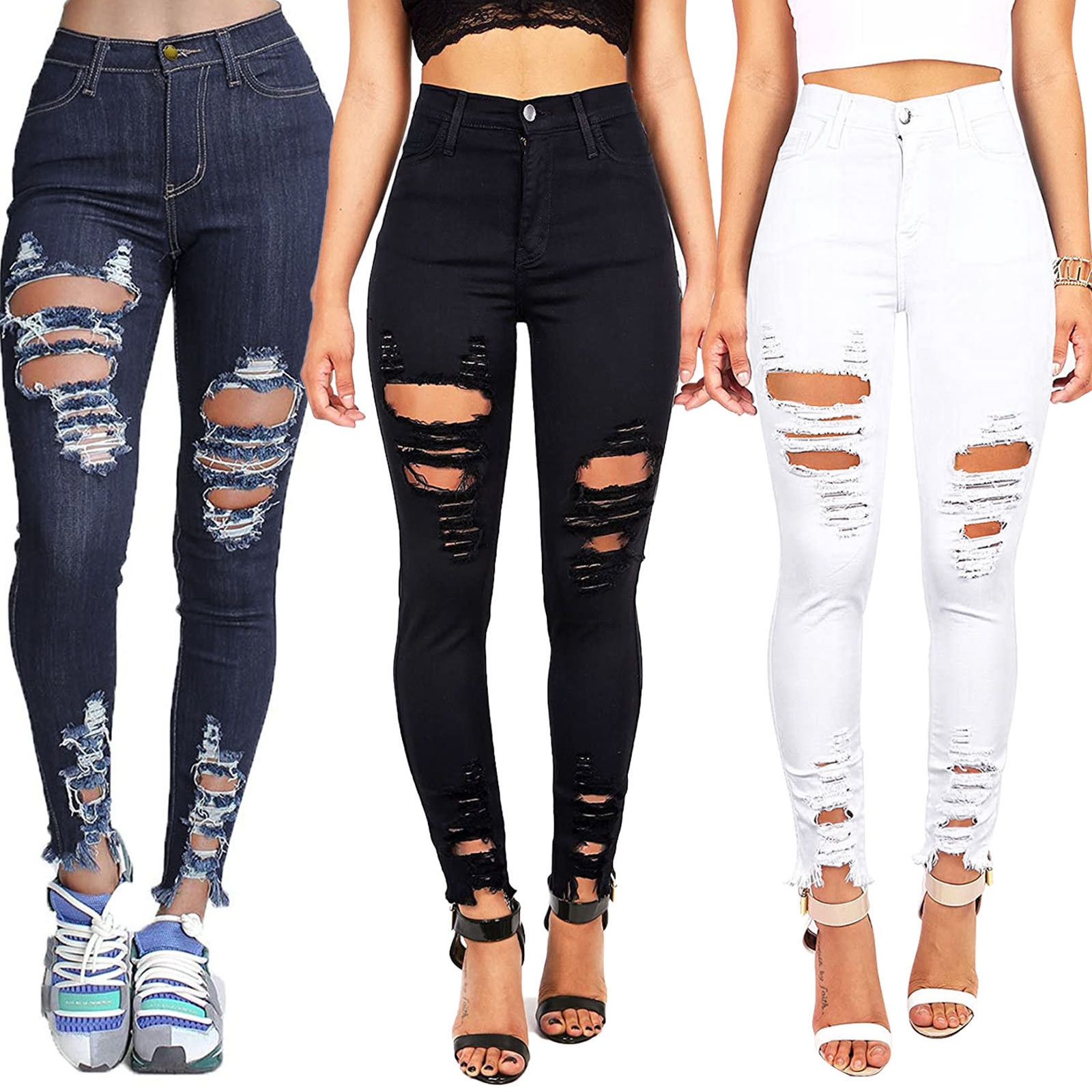 Women's Denim Pants Solid Button High Waisted Wide Leg Jeans Stretchy Distresse