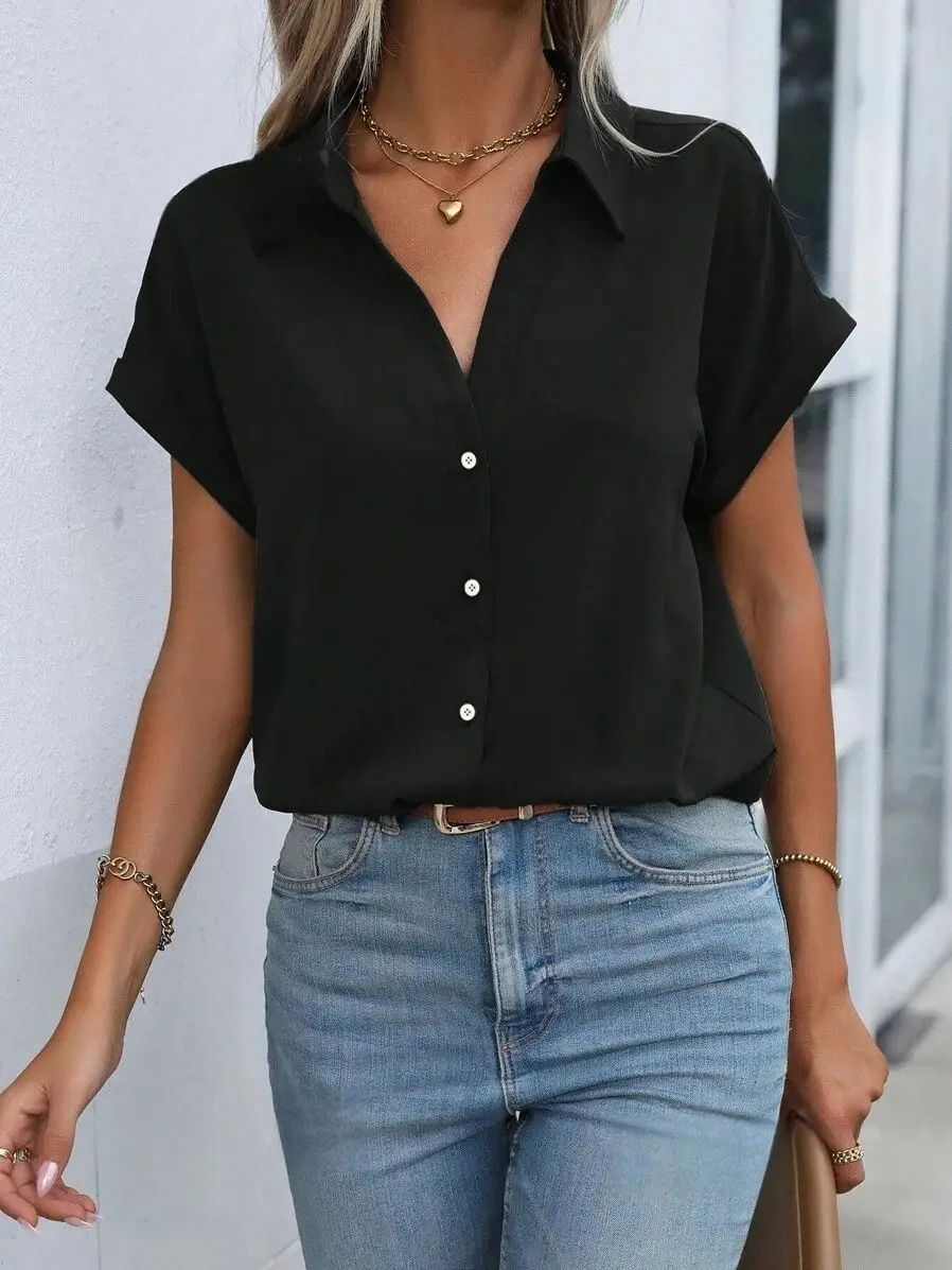 Miniaturbild: Vibrant Solid Color Relaxed Fit Blouse - Classic Button Front Short Sleeve Simp