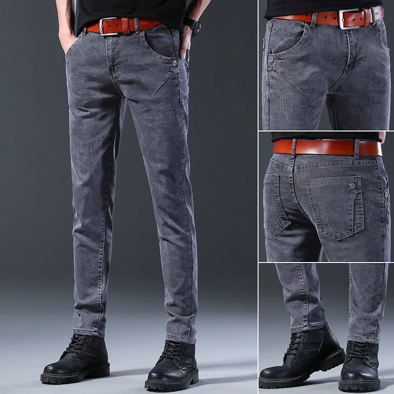 Thumbnail: Fashion Men Korean Style Straight Grey Jeans Middle Waist Street Elastic Pants 