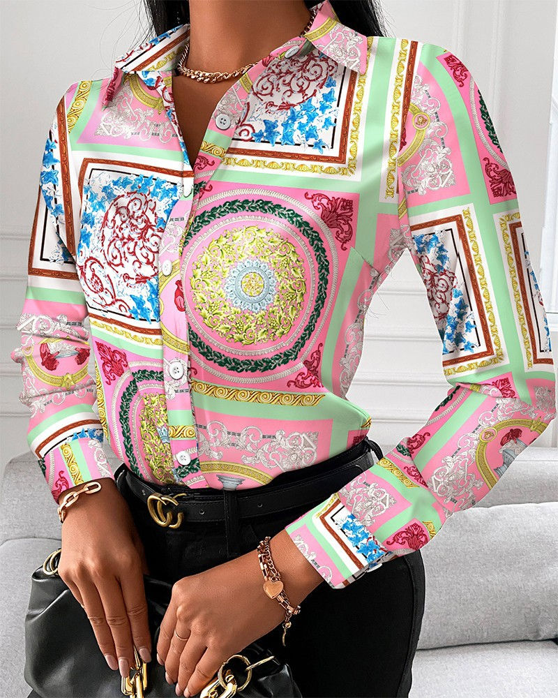 Thumbnail: Women Fashion Wild Shirts Chain/Floral/Letter/Geometric Square Print Turn-Down 