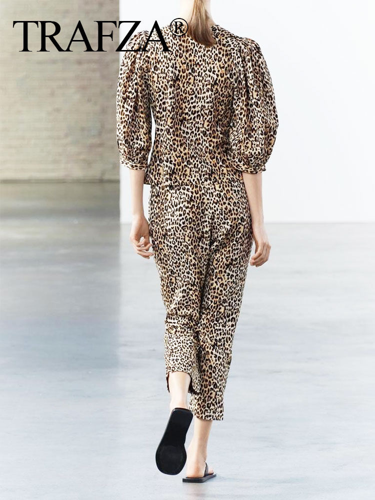 Thumbnail: Trafza Frauen Vintage Leoparden muster Bluse Hose Sets o Hals Langarmhemd Seite