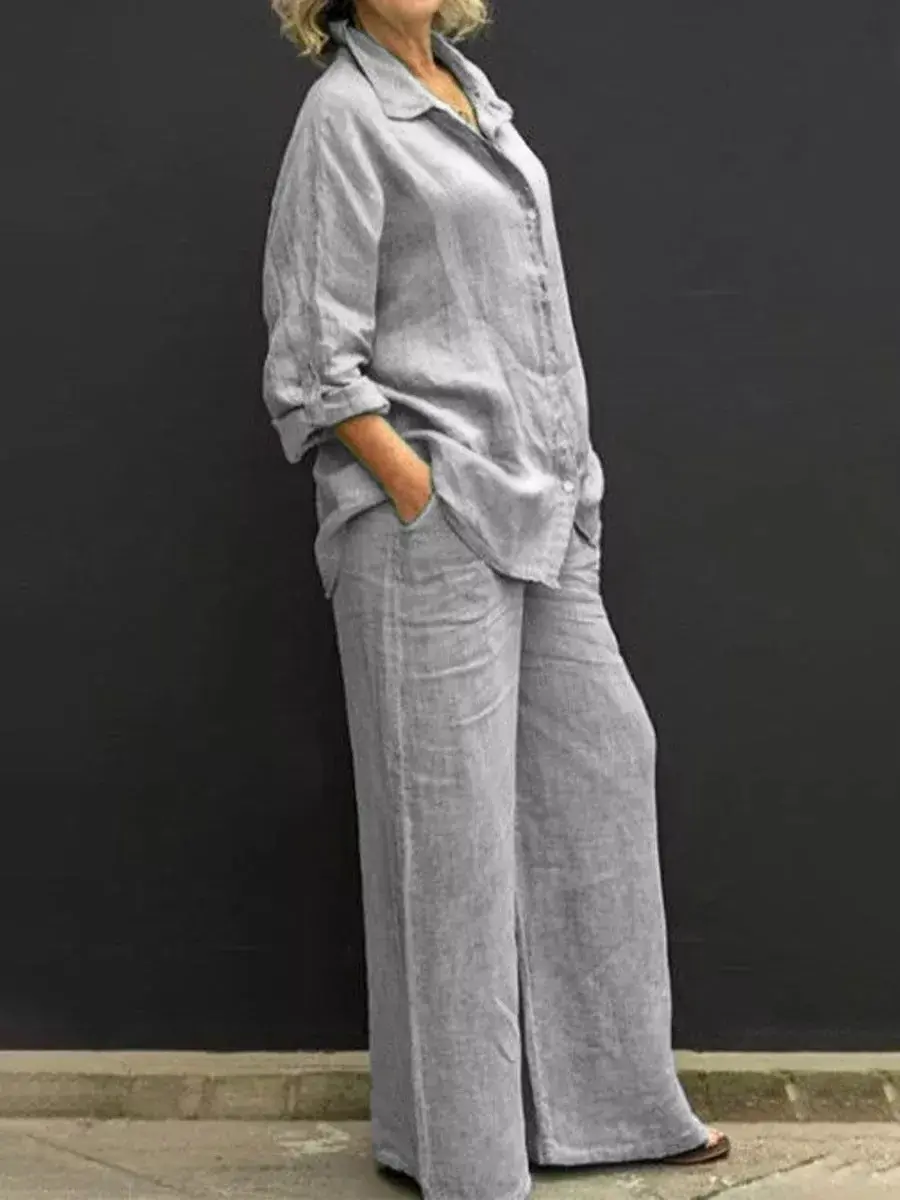 Thumbnail: Leinen Revers zweiteilig Set Herbst Vintage einfarbig Langarm Knopf Hemd Bluse 