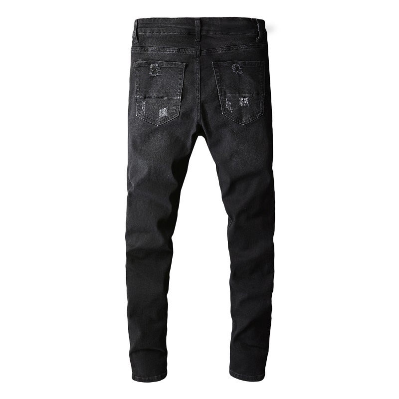 Thumbnail: Men's Vintage Ripped Patch Black Jeans Fashion Printed Splicing Denim Slim Fit 