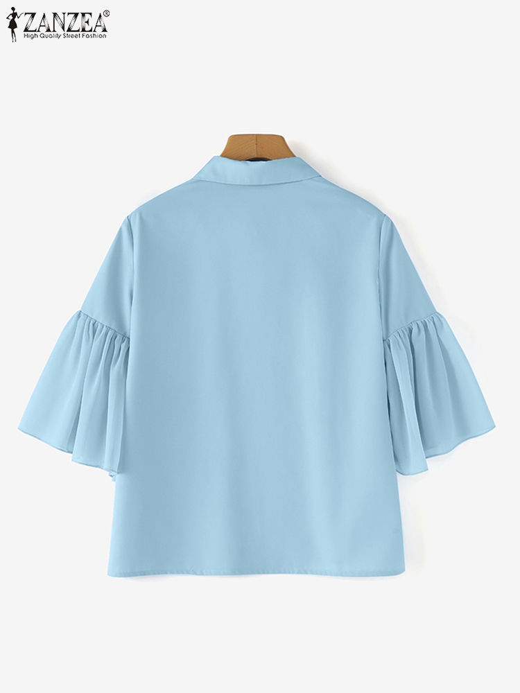 Miniaturbild: ZANZEA Elegant Women Chiffon Shirt Chic Ruffle 3/4 Sleeve Buttons Blouse Solid 