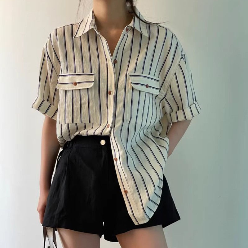 Thumbnail: Fashion Lapel Collar Stripe Shirt Retro Loose Short Sleeve Shirts Korean Style 