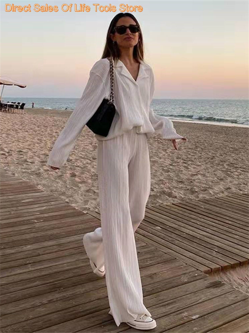Thumbnail: Frauen plissiert 2 Stück Hosen Sets Frühling Sommer Streetwear Langarm Button D