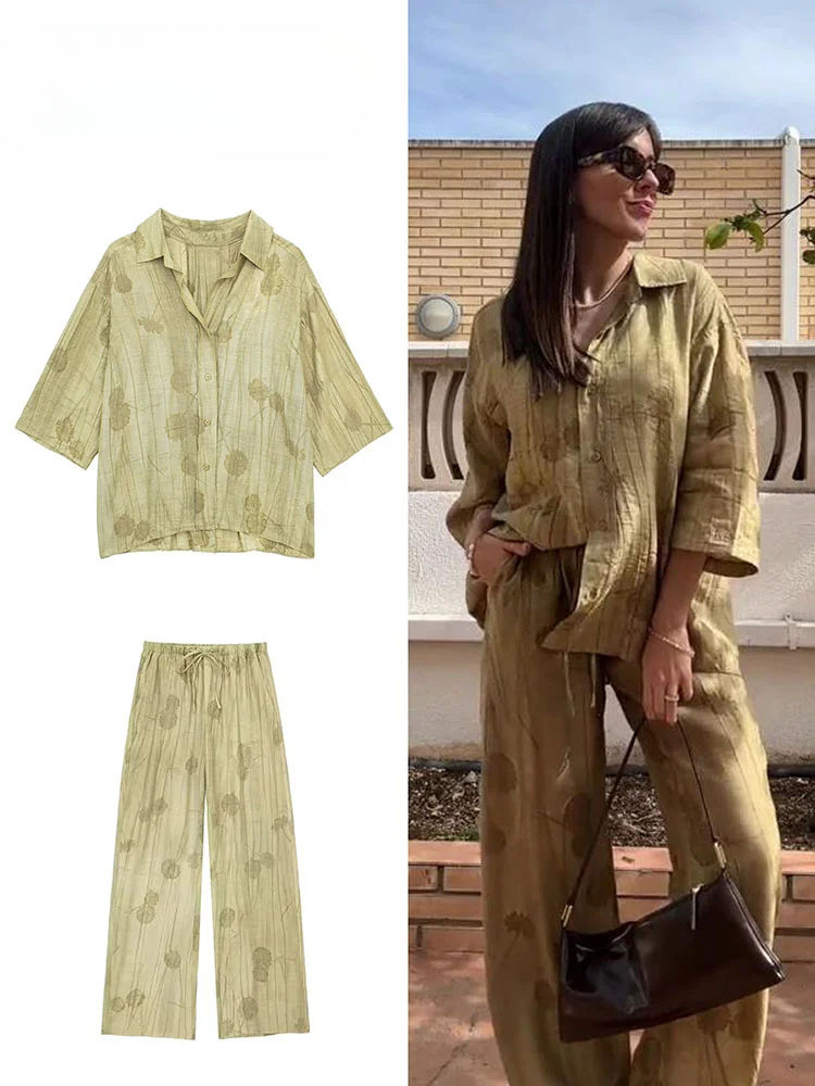 Thumbnail: Casual Print Shirt Hosen Set Frauen Revers Halbarm Knopf Hemd Schnürung weites 