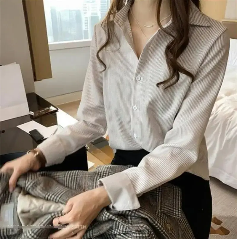 Miniaturbild: Fashion Striped Women Shirt Elegant Office Ladies Lapel Blouses Autumn Long Sle