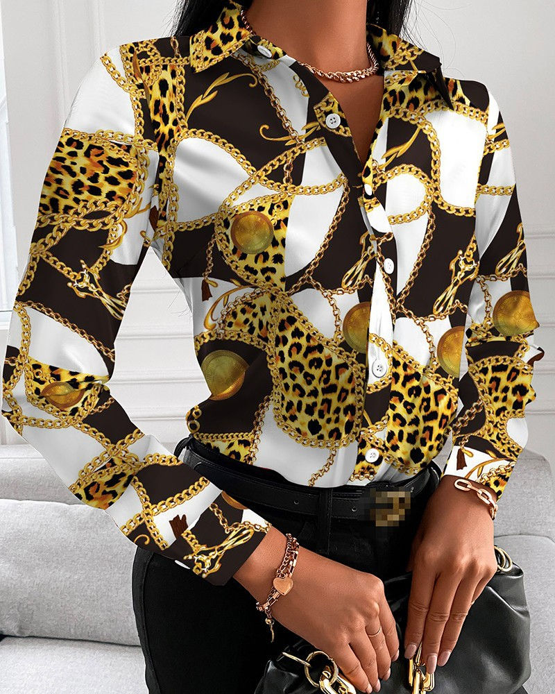 Thumbnail: Women Fashion Wild Shirts Chain/Floral/Letter/Geometric Square Print Turn-Down 