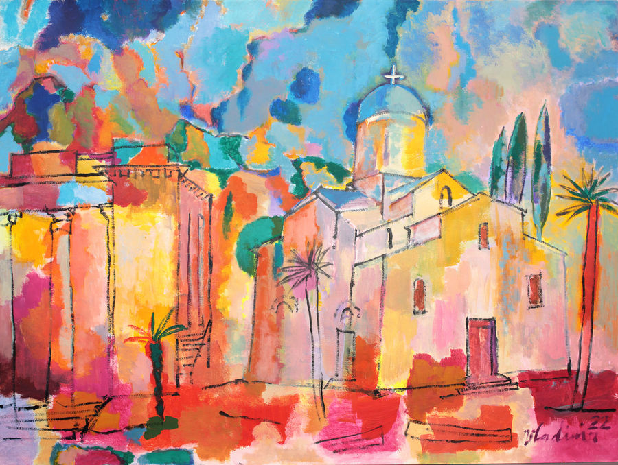 Владимир Опара. Церковь Симона Канонита. Новый Афон.
2022, картон, акрил,
60 х 80 см.