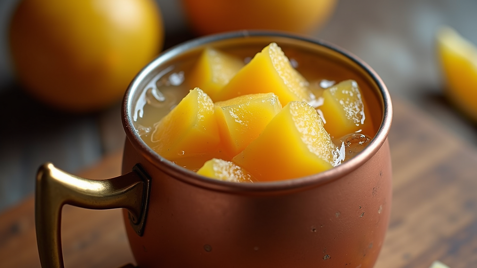 High angle view of a Frozen Mango Mule in a copper mug