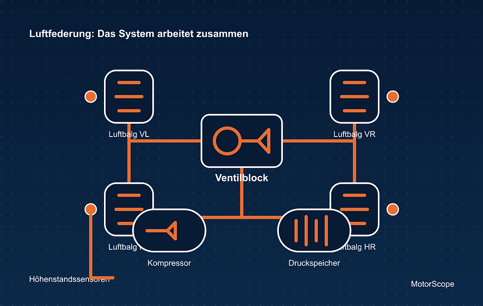 Schema der Luftfederung mit vier Luftfederbälgen, Kompressor, Ventilblock, Druckspeicher und Höhenstandssensoren.
