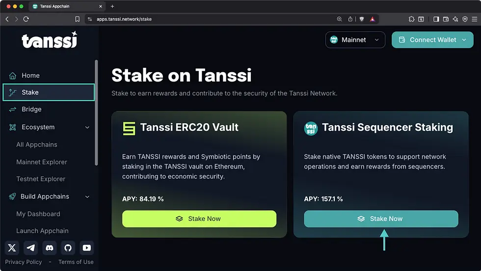 First step: Finding the "Stake Now" button within the Tanssi Sequencer Staking block in the Tanssi dApp