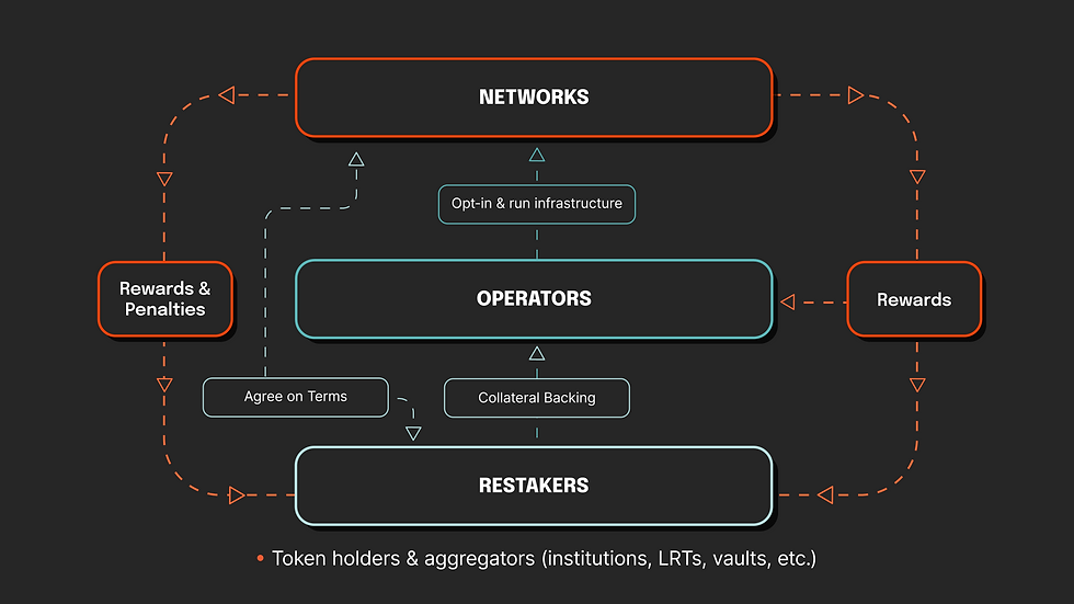 Flowchart showing interactions between Networks, Operators, and Restakers within the concept of Universal Staking