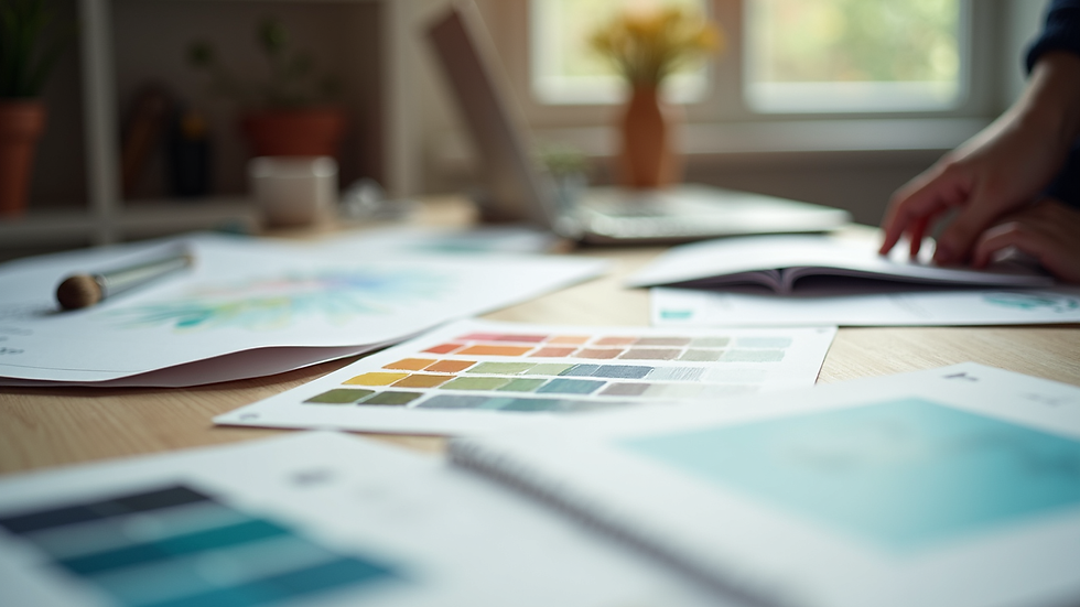 Close-up view of a designer’s workspace with sketches and colour swatches