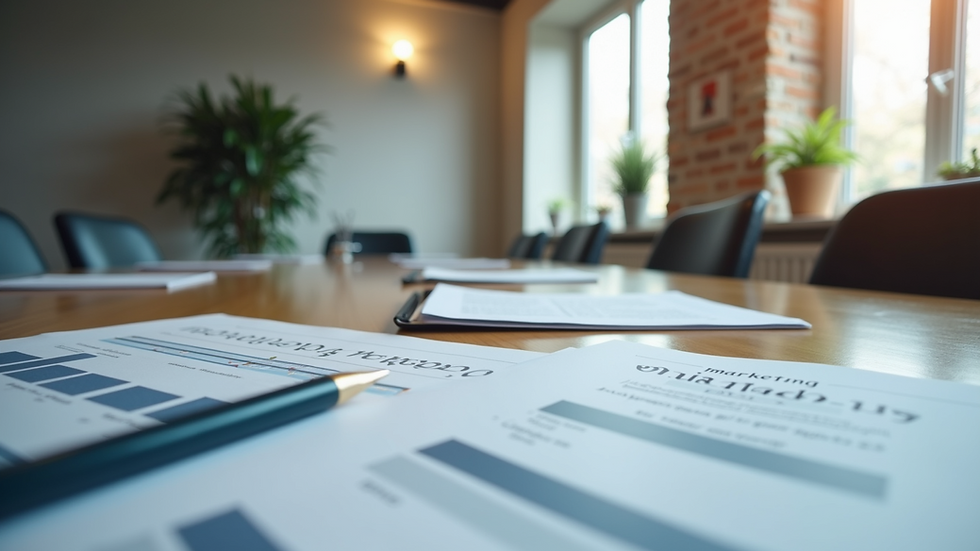 Eye-level view of a modern office meeting room with marketing strategy documents on the table