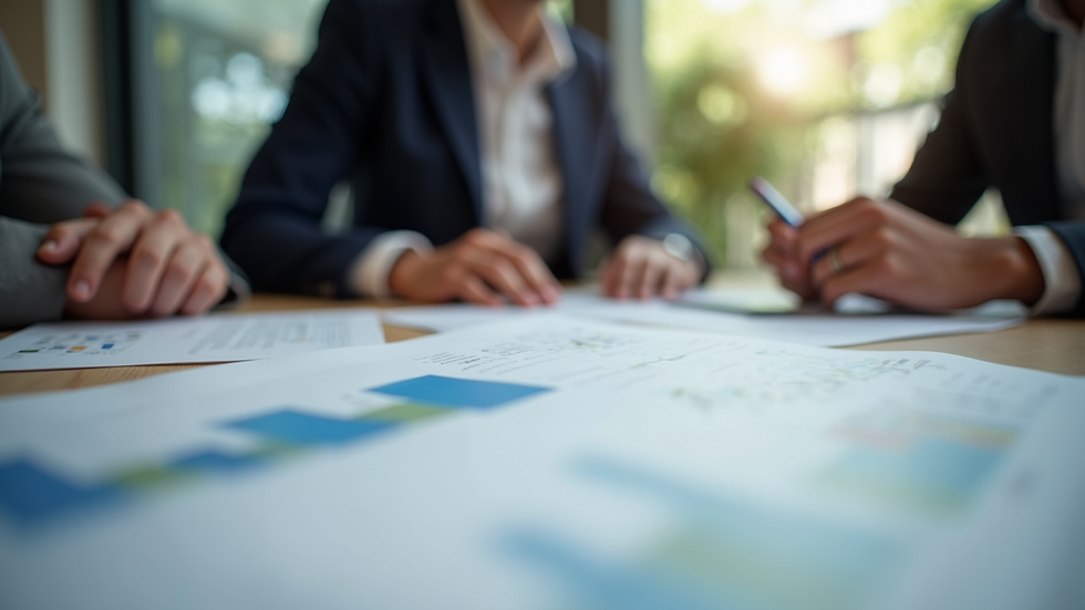 Eye-level view of a business meeting with marketing documents on the table