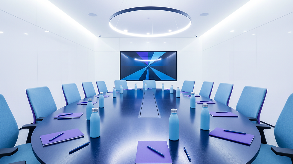 Eye-level view of a modern office meeting room with a large table and chairs