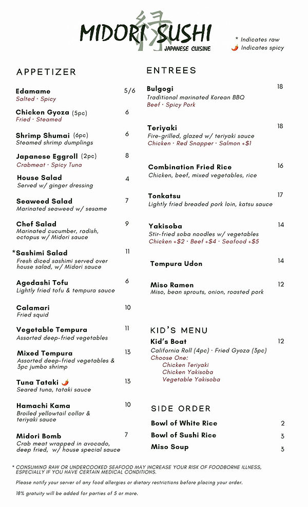 Midori Sushi Appetizer/Entree Menu
