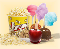 Popcorn, cotton candy and candy apples concession
