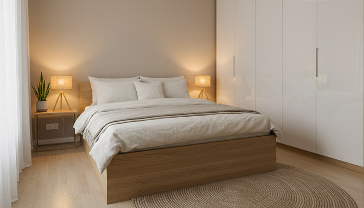 Eye-level view of a compact bedroom with a storage bed and clear walking paths