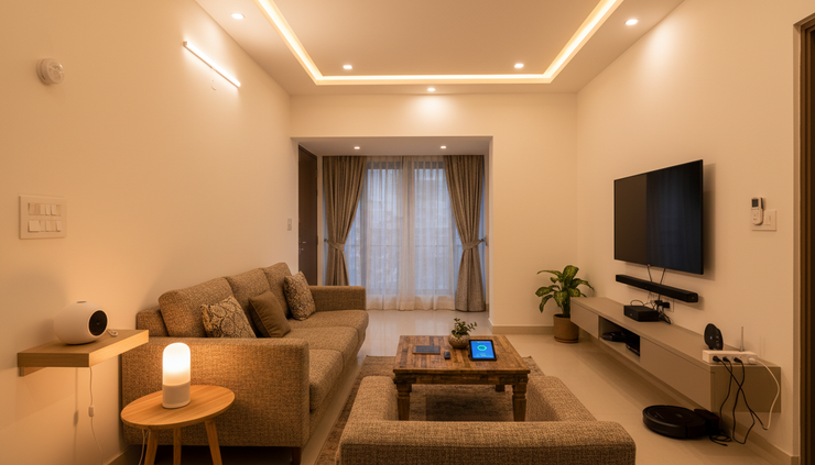 Wide-angle view of a compact Indian apartment living room with warm smart lighting