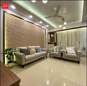 Contemporary Sofa Accent Wall with Geometric Wallpaper and Marble Accents in Balewadi Pune | Verb Interior