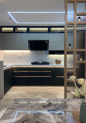 Modern Grey Modular Kitchen Viewed Through Slatted Wood Partition in Viman Nagar Pune | Verb Interior