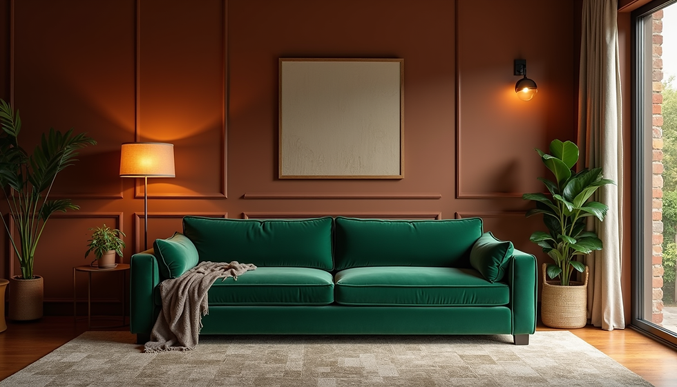 Rich Earth Tones of Living Room with Sofa and back wall panel