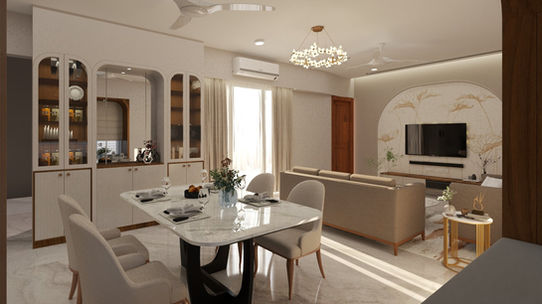 Open Plan Living and Dining Layout with Custom Arched Wall Niches in Kharadi Pune | Verb Interior