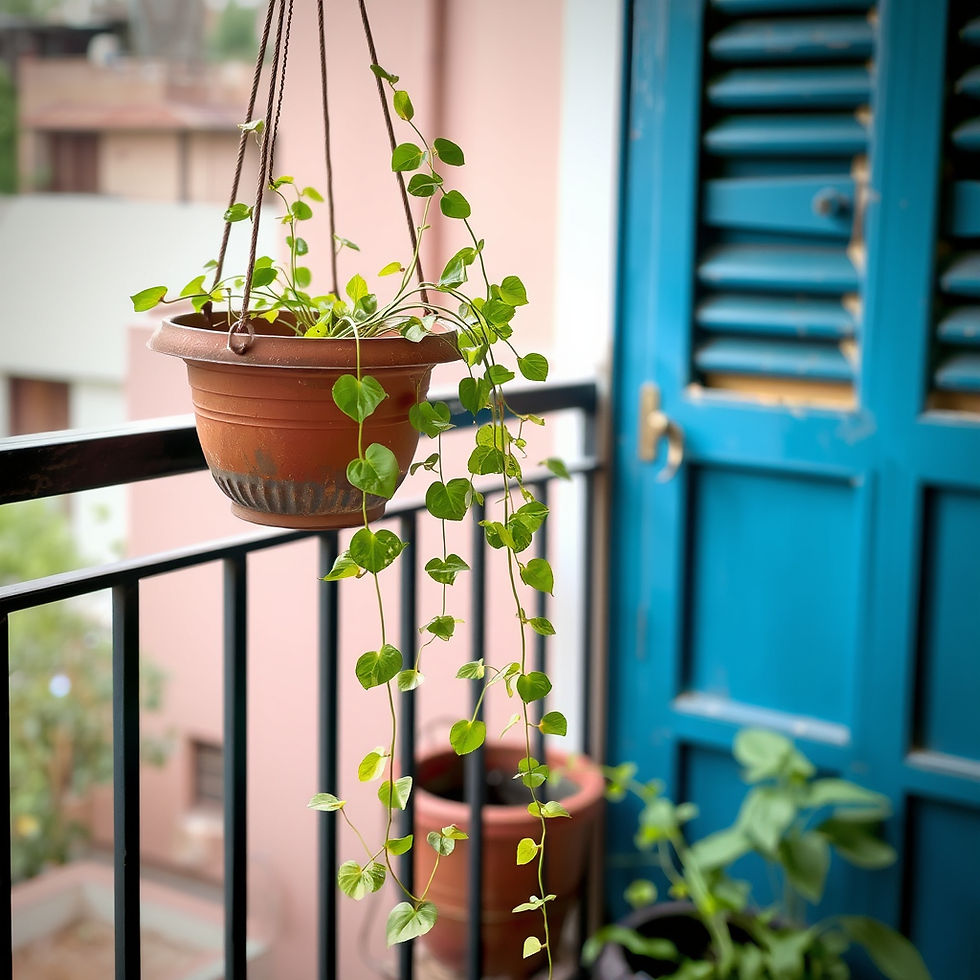 Hanging terracotta pot with trailing green vine on a balcony beside a blue shuttered door and black railing.