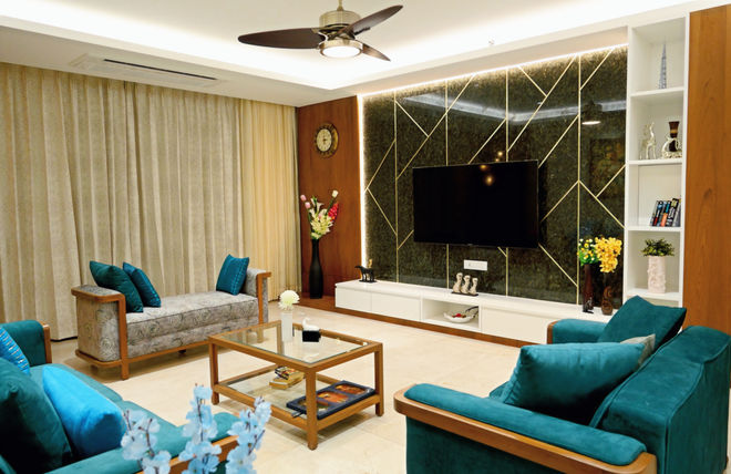 Teal Blue Contemporary Living Room with Elegant Wood Accents in Viman Nagar Pune | Verb Interior